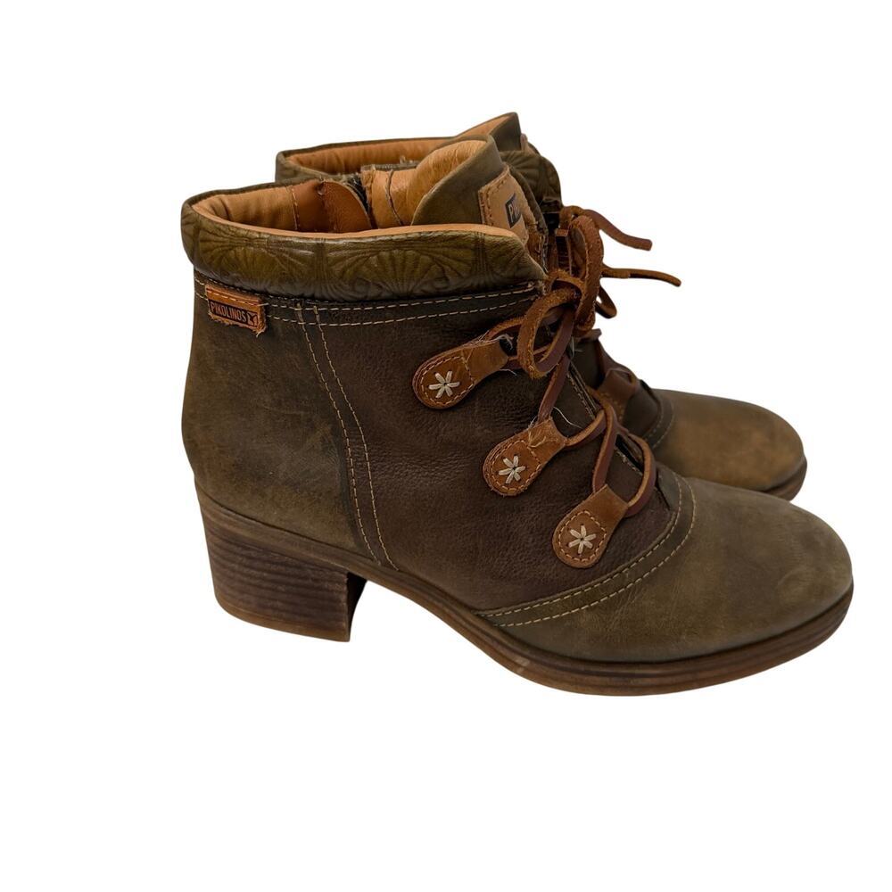 Pikolinos Lyon Ankle Boots Womens Size 7 Brown Leather Side Zip Lace Up 37